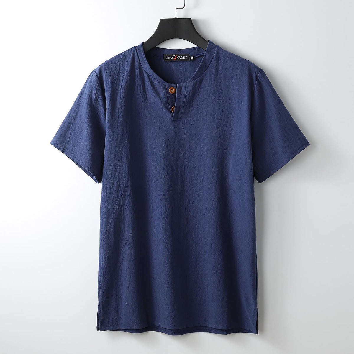 Nimara Ritual Loose Men's T-shirt Solid Color Top Short Sleeve Button Notched Neck Soft Shirt