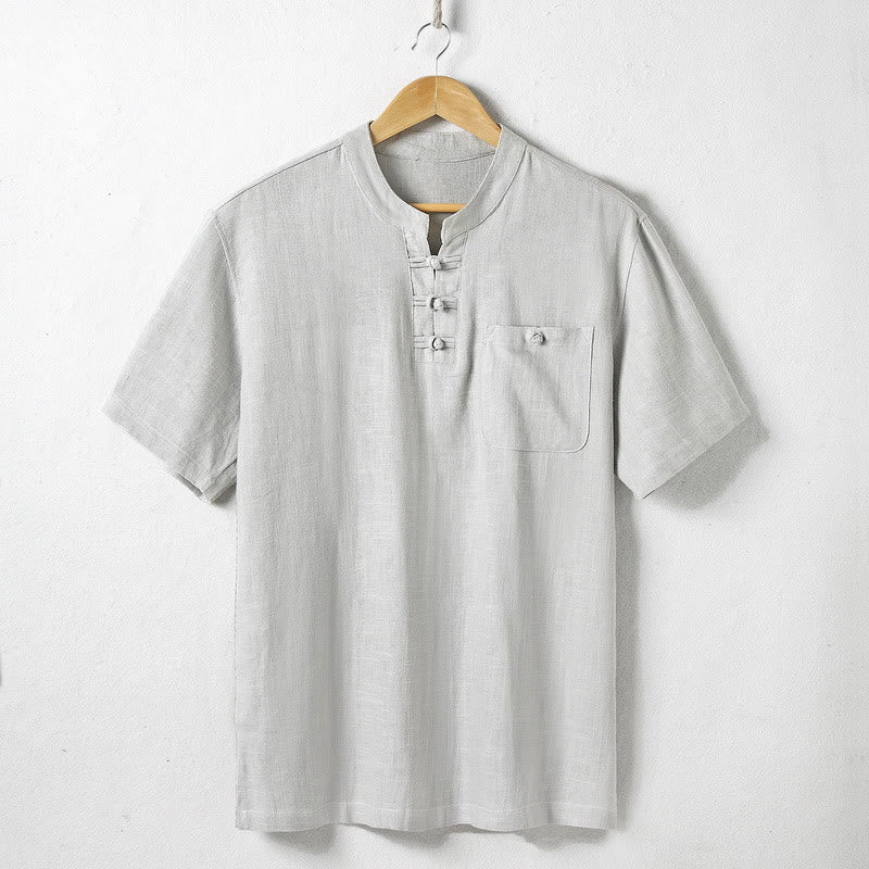 Nimara Ritual Loose Men's Shirt Solid Color Notched Neck Top Short Sleeve Comfy Button Breathable Cotton Linen Shirt