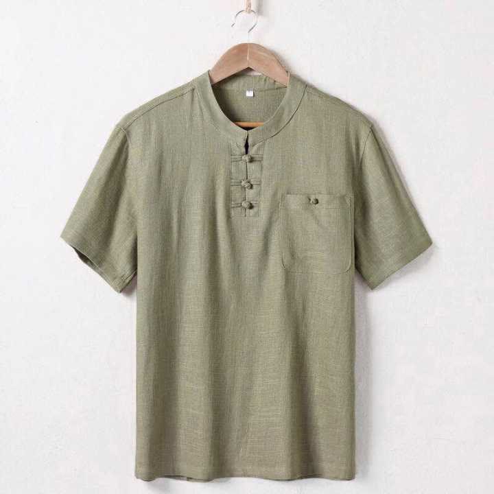 Nimara Ritual Loose Men's Shirt Solid Color Notched Neck Top Short Sleeve Comfy Button Breathable Cotton Linen Shirt
