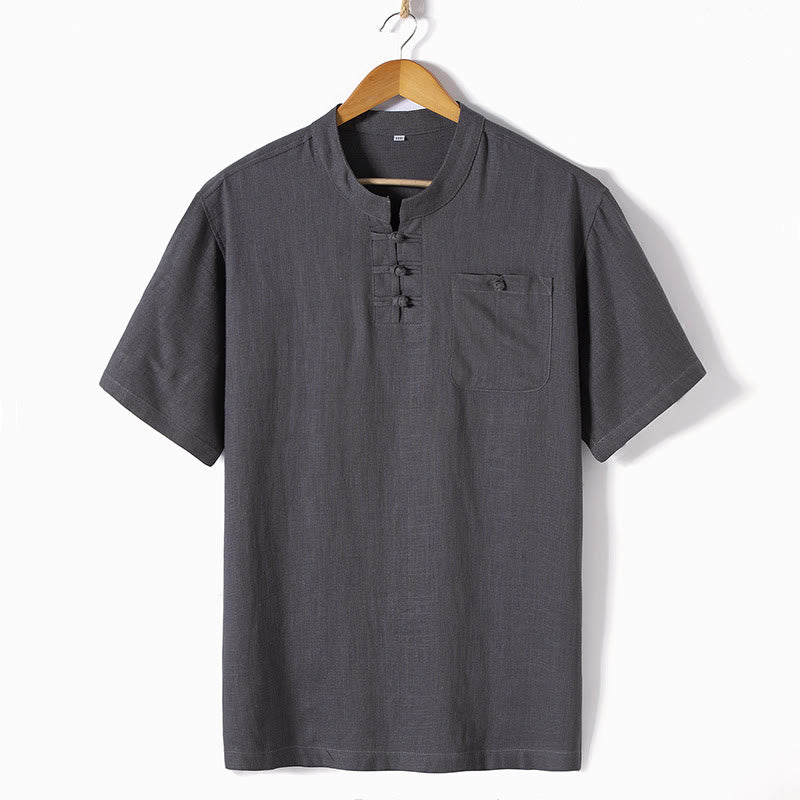Nimara Ritual Loose Men's Shirt Solid Color Notched Neck Top Short Sleeve Comfy Button Breathable Cotton Linen Shirt