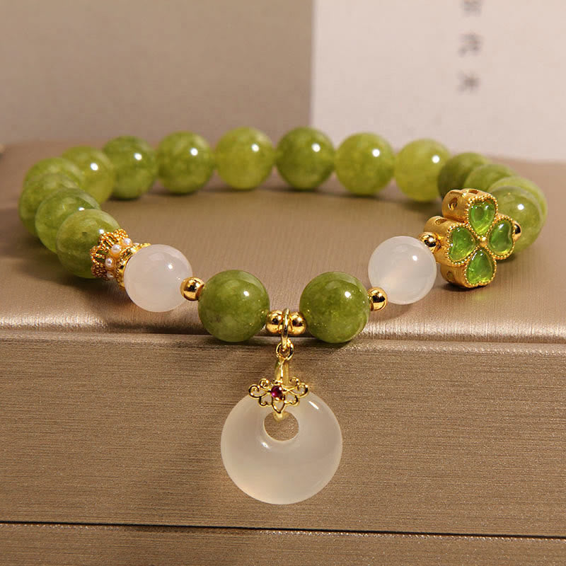 Nimara Ritual Green Tourmaline Chalcedony Four Leaf Clover Peace Buckle Charm Wisdom Bracelet