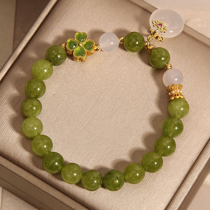 Nimara Ritual Green Tourmaline Chalcedony Four Leaf Clover Peace Buckle Charm Wisdom Bracelet