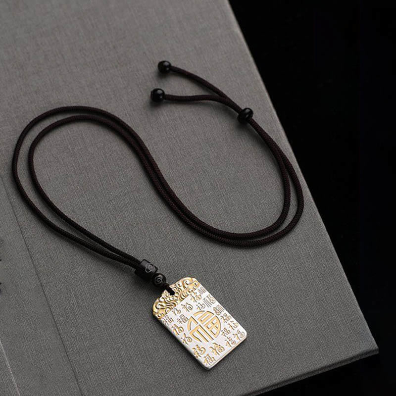 Nimara Ritual Silver Plated Copper Fu Character Auspicious Clouds Luck Fortune Rope Necklace Pendant