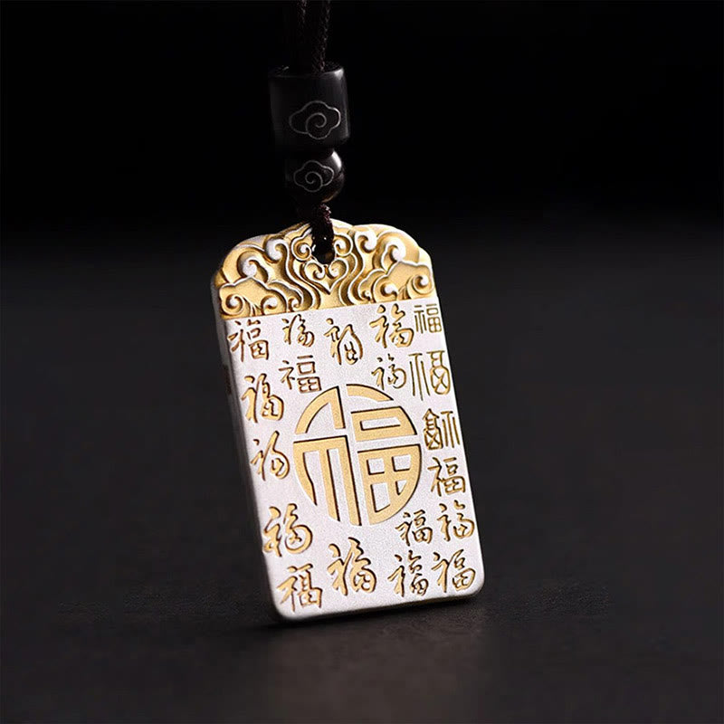 Nimara Ritual Silver Plated Copper Fu Character Auspicious Clouds Luck Fortune Rope Necklace Pendant