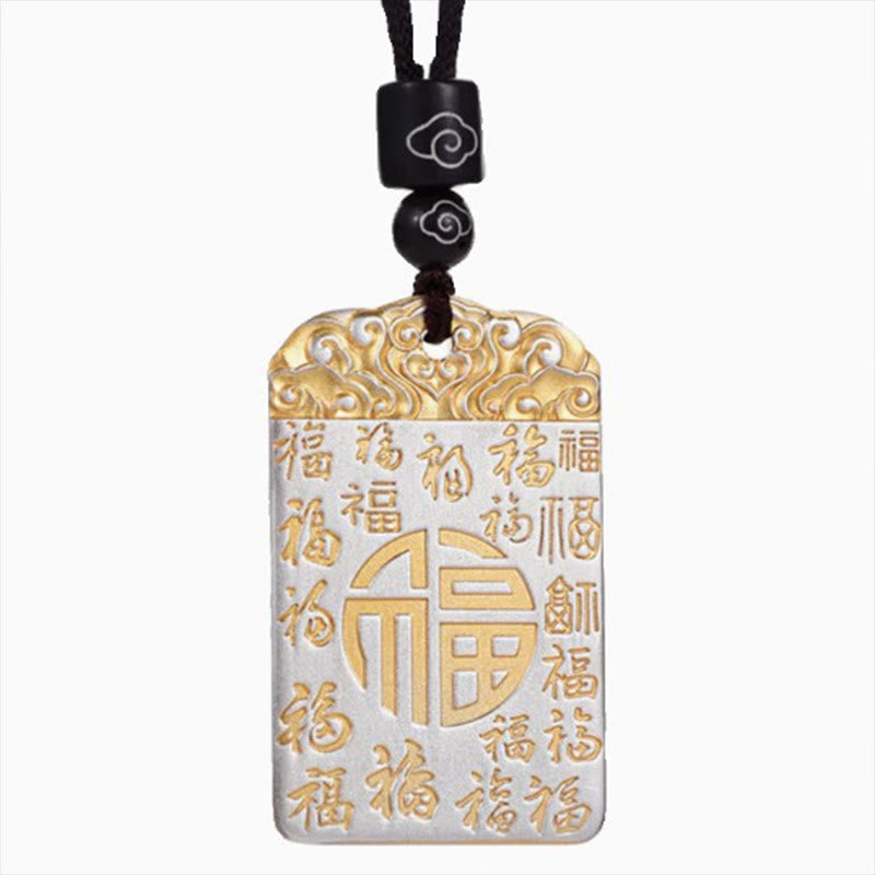 Nimara Ritual Silver Plated Copper Fu Character Auspicious Clouds Luck Fortune Rope Necklace Pendant