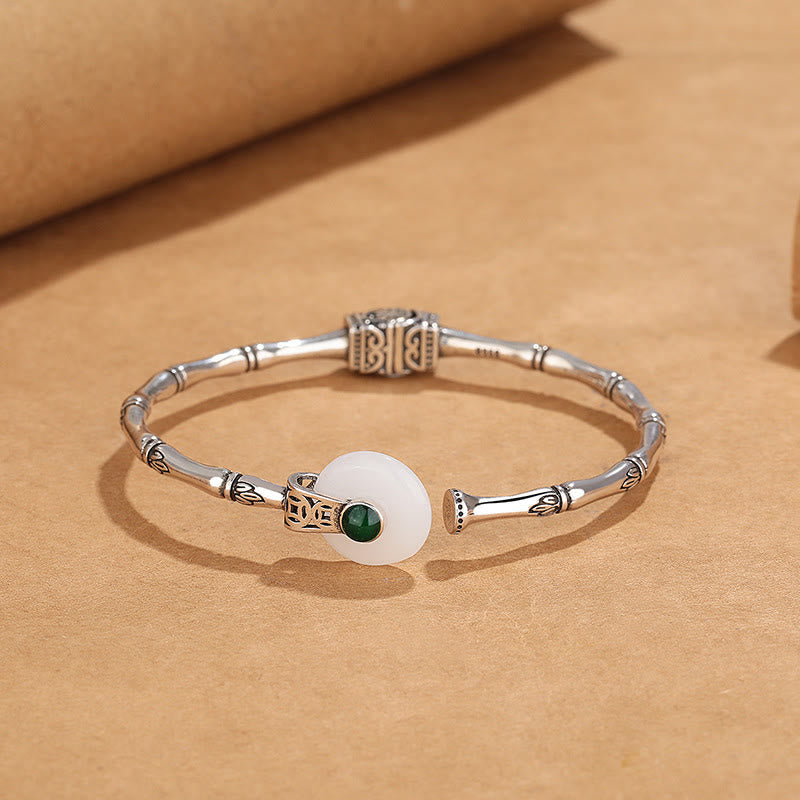 Nimara Ritual White Jade Peace Buckle Bamboo Design Luck Copper Cuff Bracelet Bangle