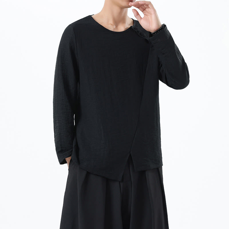 Nimara Ritual Men's Long Sleeve Round Collar Comfort Cotton Linen Shirt