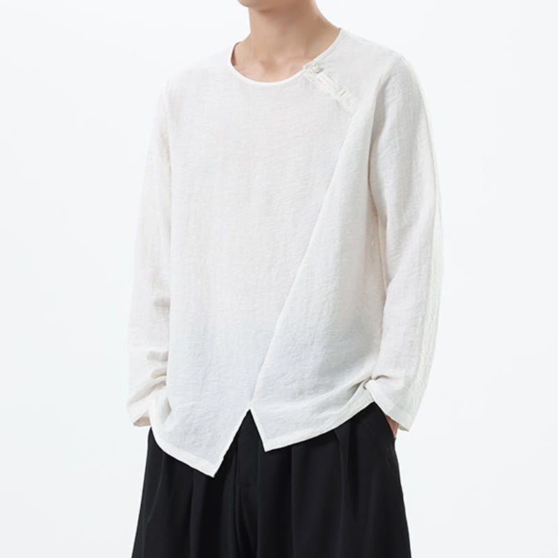 Nimara Ritual Men's Long Sleeve Round Collar Comfort Cotton Linen Shirt