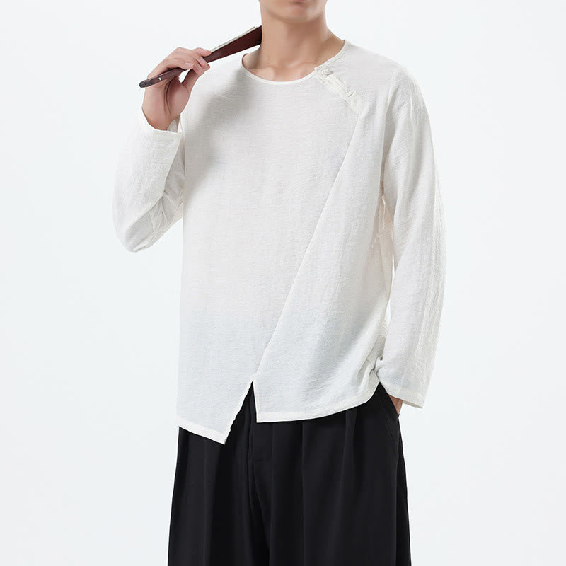 Nimara Ritual Men's Long Sleeve Round Collar Comfort Cotton Linen Shirt