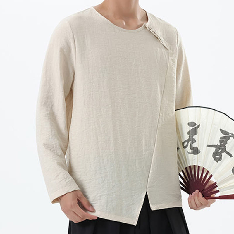 Nimara Ritual Men's Long Sleeve Round Collar Comfort Cotton Linen Shirt