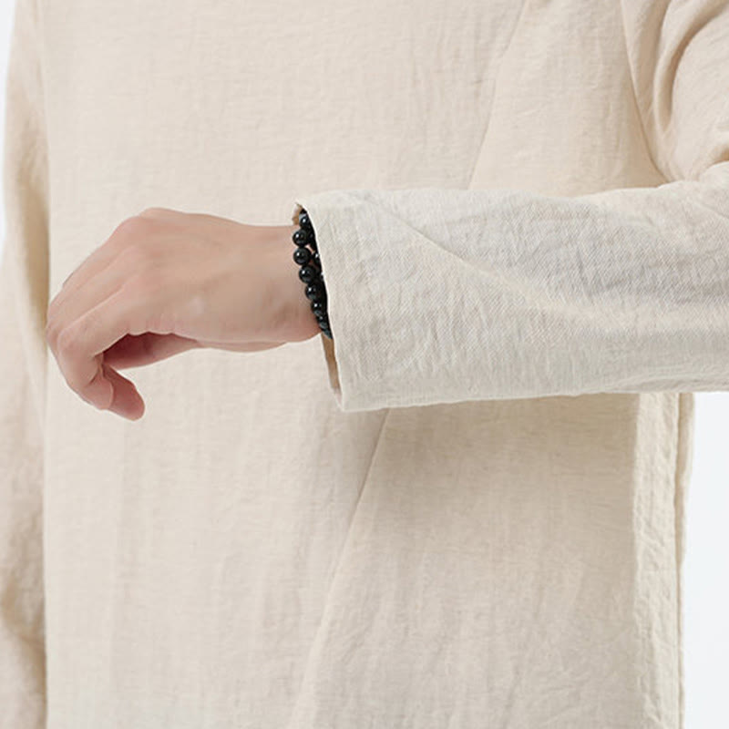 Nimara Ritual Men's Long Sleeve Round Collar Comfort Cotton Linen Shirt