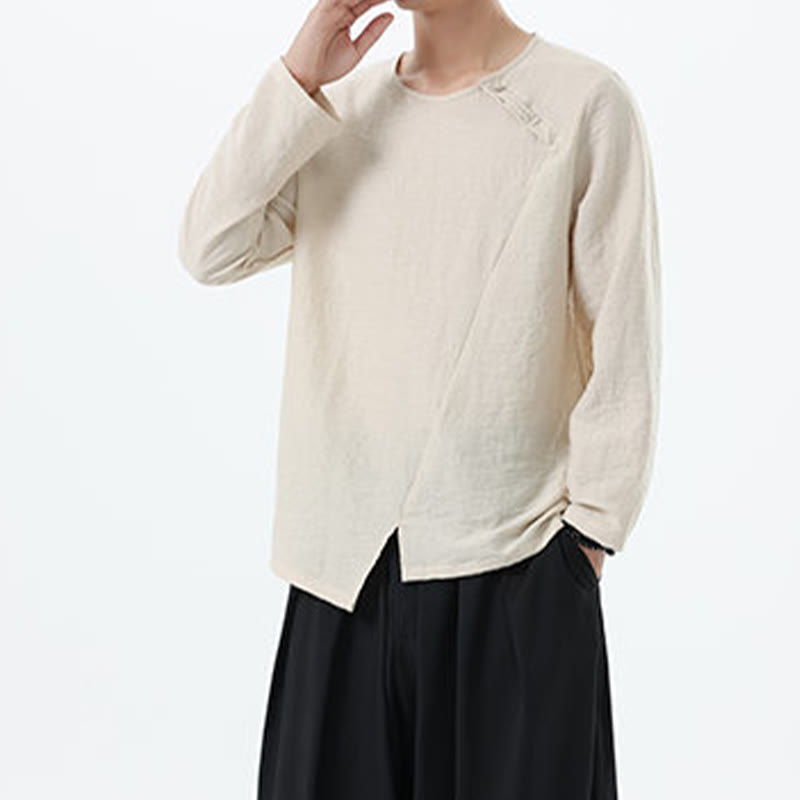 Nimara Ritual Men's Long Sleeve Round Collar Comfort Cotton Linen Shirt