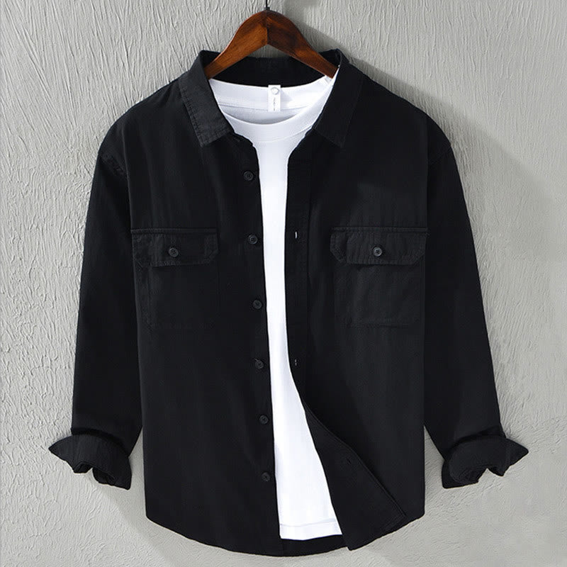 Nimara Ritual Men's Long Sleeve Turn-down Collar With Pocket Pure Color Casual Cotton Shirt