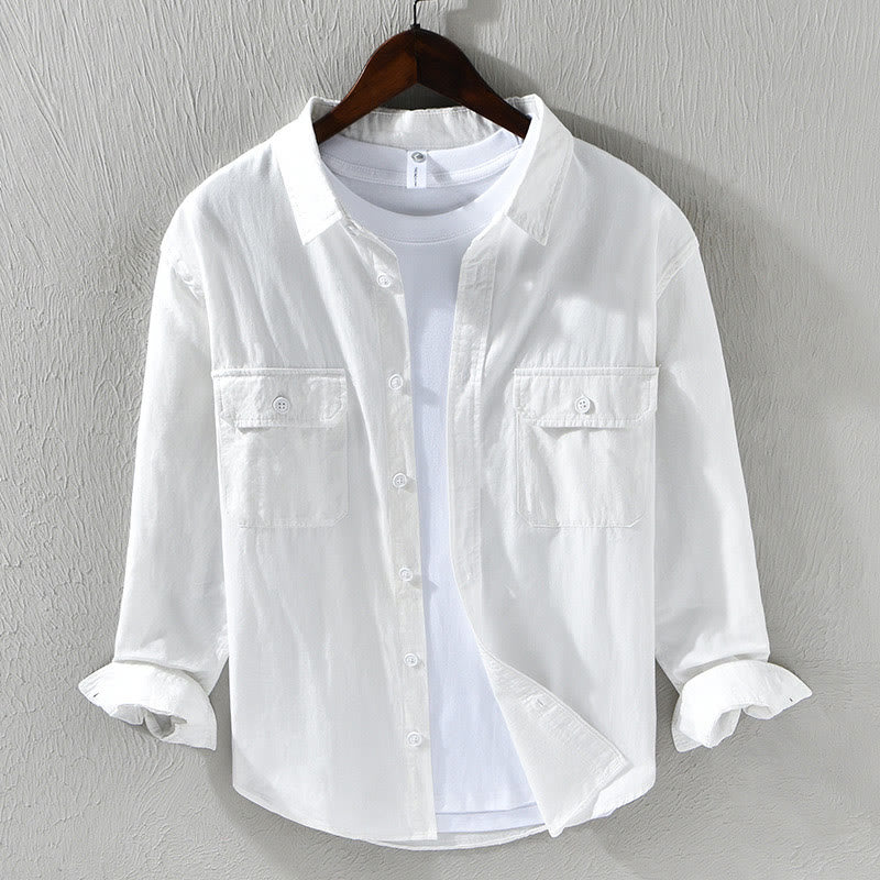 Nimara Ritual Men's Long Sleeve Turn-down Collar With Pocket Pure Color Casual Cotton Shirt
