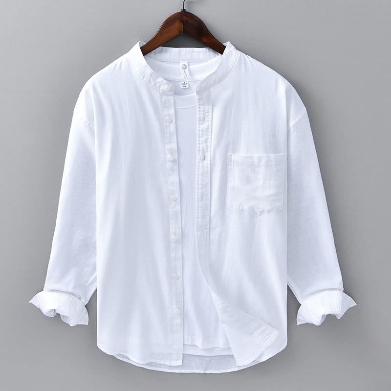 Nimara Ritual Men's Long Sleeve Stand Collar With Pocket Pure Color Casual Cotton Linen Shirt