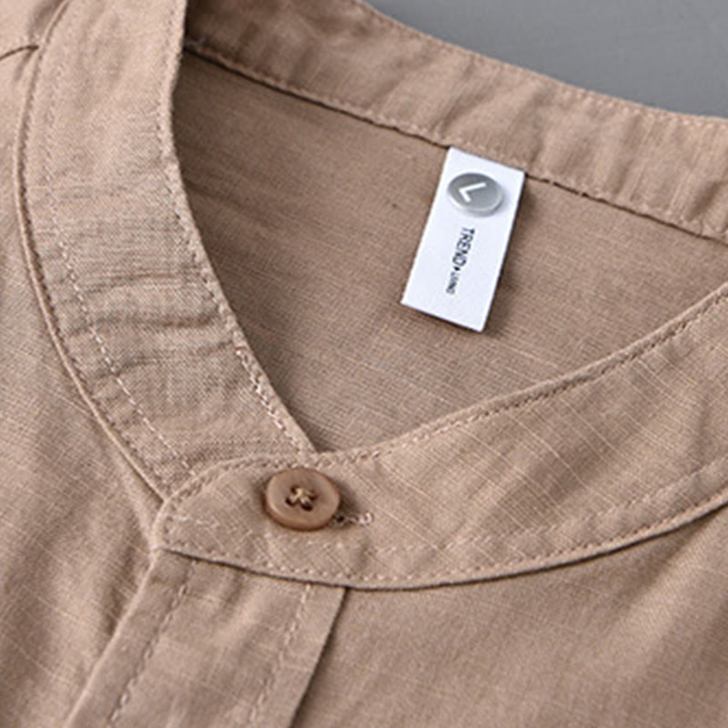 Nimara Ritual Men's Long Sleeve Stand Collar With Pocket Pure Color Casual Cotton Linen Shirt