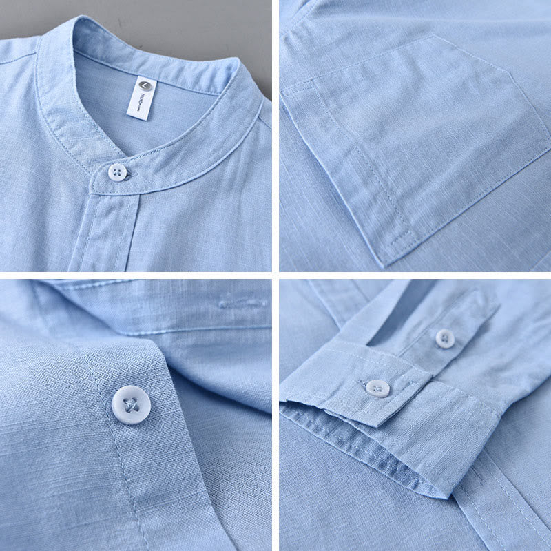 Nimara Ritual Men's Long Sleeve Stand Collar With Pocket Pure Color Casual Cotton Linen Shirt