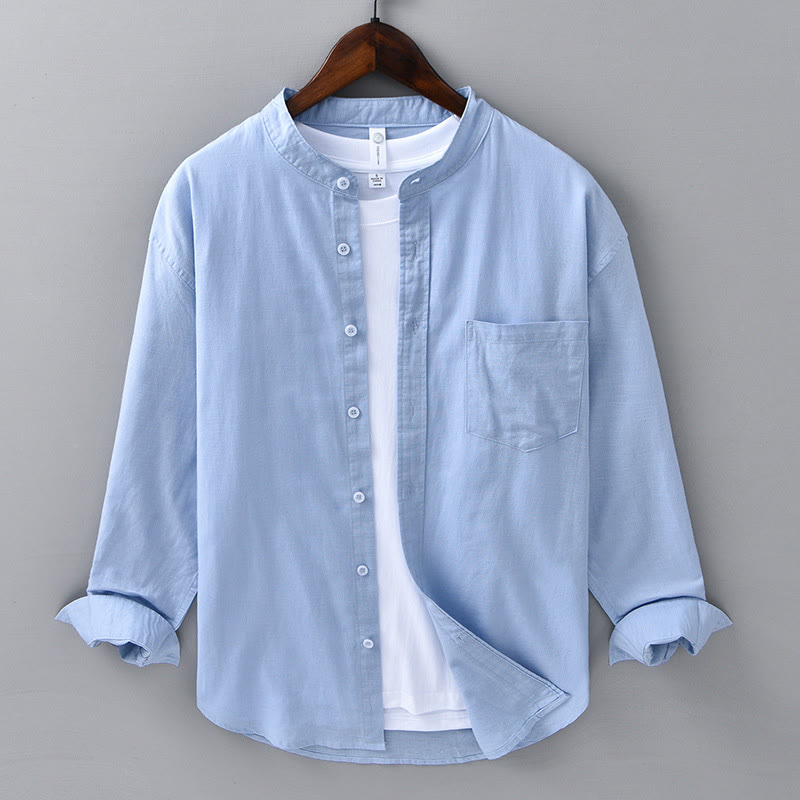Nimara Ritual Men's Long Sleeve Stand Collar With Pocket Pure Color Casual Cotton Linen Shirt
