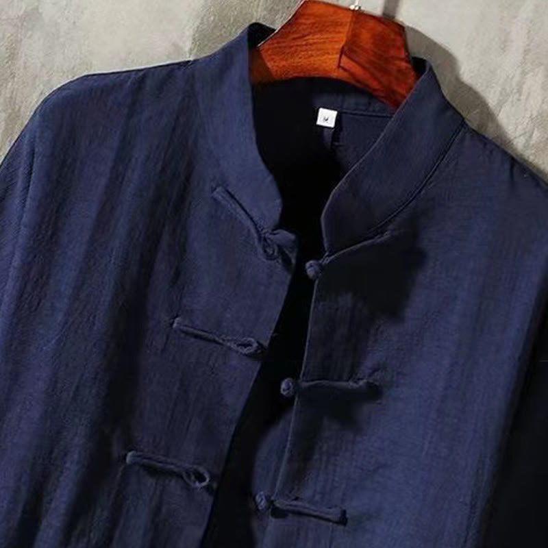 Nimara Ritual Men's Tang Long Sleeve Shirt Frog Button With Pocket Stand Collar Comfort Shirt