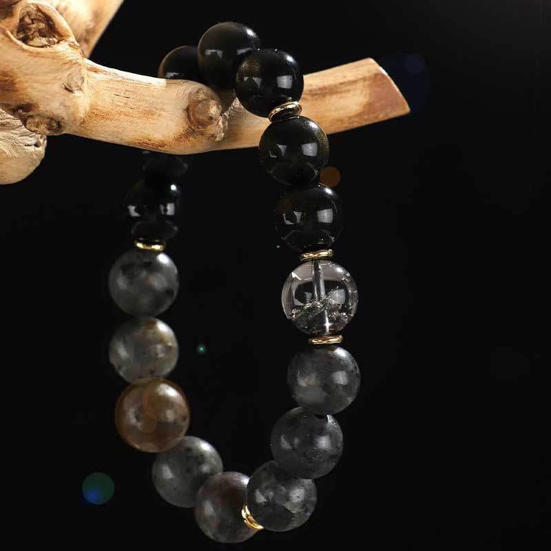 Nimara Ritual 925 Sterling Silver Black Onyx Gold Sheen Obsidian Lava Rock Tiger Eye Six True Words Wealth Protection Bracelet