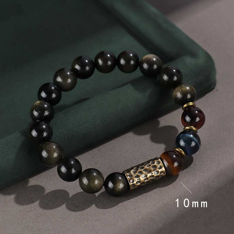 Nimara Ritual 925 Sterling Silver Black Onyx Gold Sheen Obsidian Lava Rock Tiger Eye Six True Words Wealth Protection Bracelet