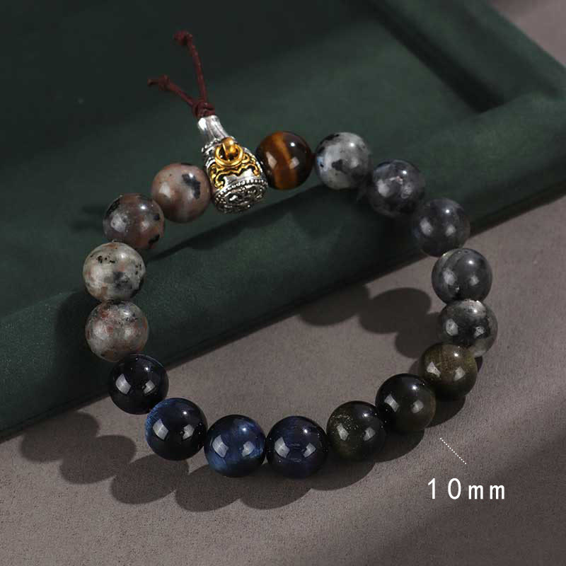 Nimara Ritual 925 Sterling Silver Black Onyx Gold Sheen Obsidian Lava Rock Tiger Eye Six True Words Wealth Protection Bracelet