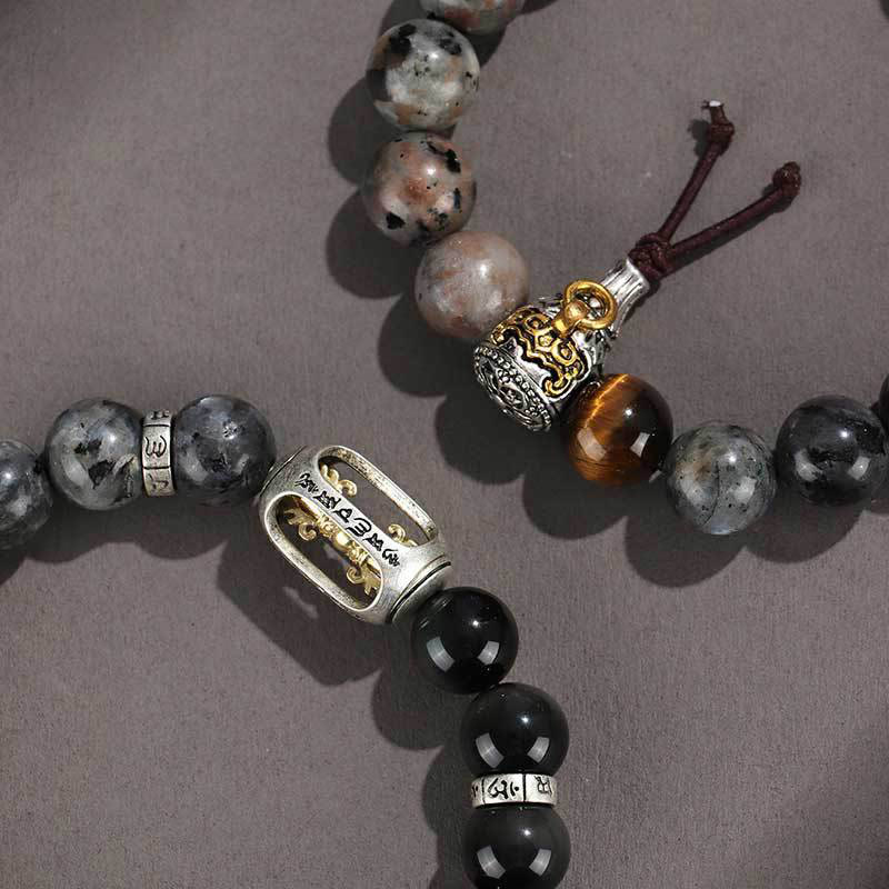 Nimara Ritual 925 Sterling Silver Black Onyx Gold Sheen Obsidian Lava Rock Tiger Eye Six True Words Wealth Protection Bracelet