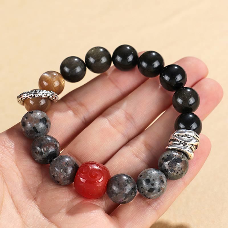 Nimara Ritual Gold Sheen Obsidian Lava Rock Red Agate Protection Bracelet