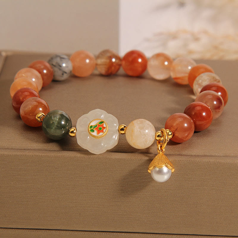 Nimara Ritual Natural Fu Lu Shou Crystal Hetian White Jade Pearl Luck Bracelet