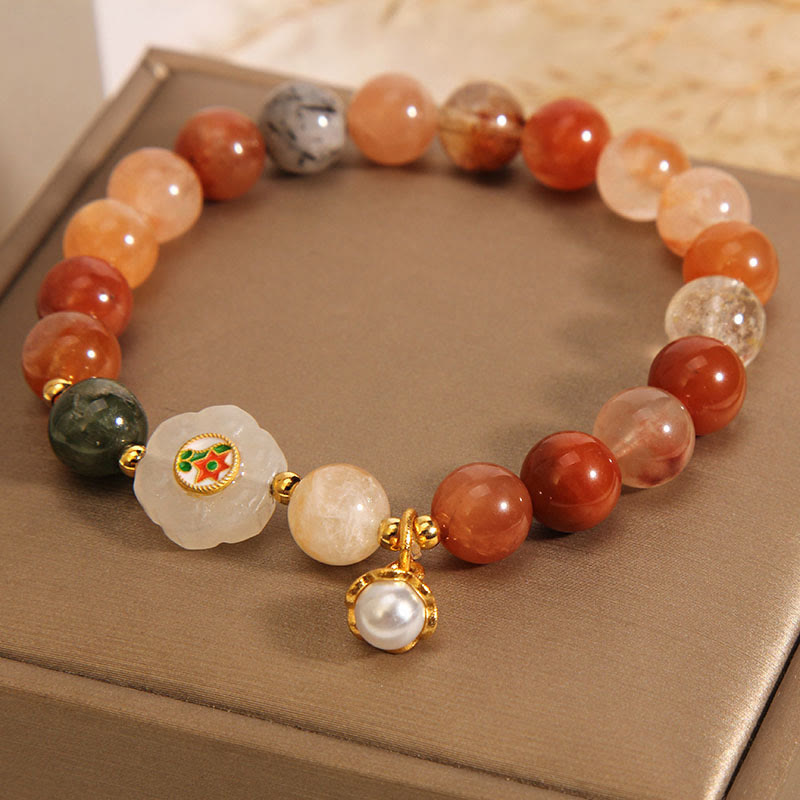 Nimara Ritual Natural Fu Lu Shou Crystal Hetian White Jade Pearl Luck Bracelet