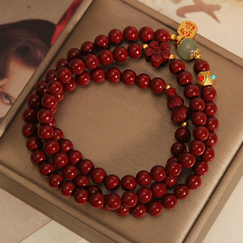 Nimara Ritual Cinnabar Fu Character Flower Gourd Triple Wrap Blessing Bracelet