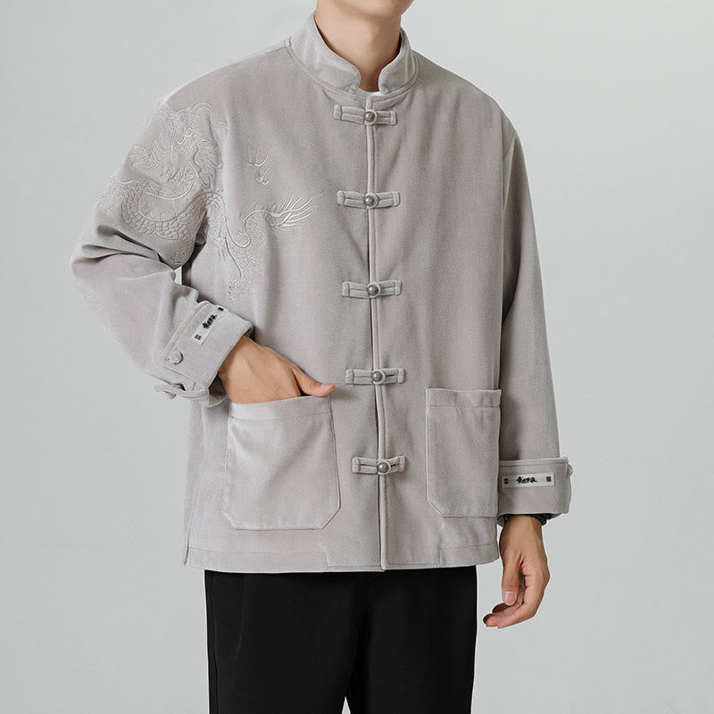 Nimara Ritual Embroider Dragon Casual Frog-button Cotton Men's Jacket Shirt Clothing