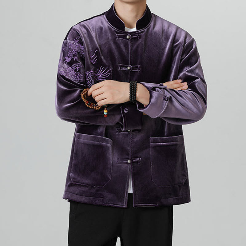 Nimara Ritual Embroider Dragon Casual Frog-button Cotton Men's Jacket Shirt Clothing