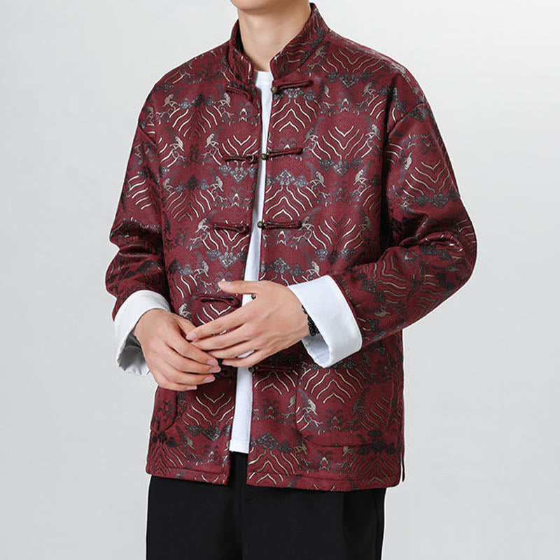 Nimara Ritual Frog-Button Chinese Tang Suit Wave Shape Long Shirt Men Jacket Clothing