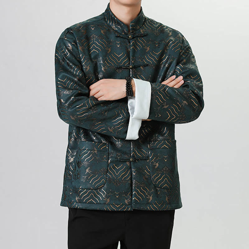 Nimara Ritual Frog-Button Chinese Tang Suit Wave Shape Long Shirt Men Jacket Clothing