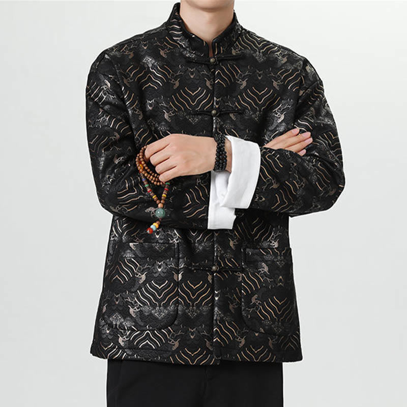 Nimara Ritual Frog-Button Chinese Tang Suit Wave Shape Long Shirt Men Jacket Clothing