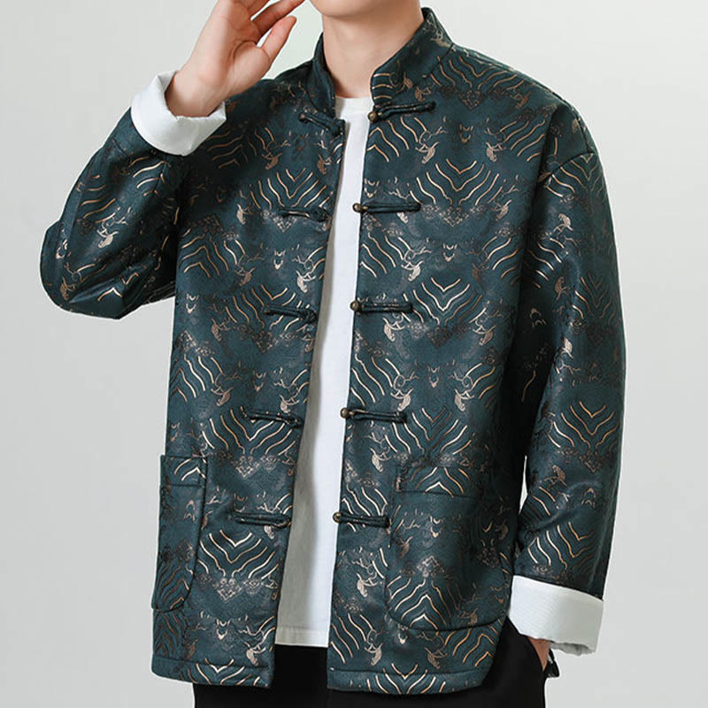Nimara Ritual Frog-Button Chinese Tang Suit Wave Shape Long Shirt Men Jacket Clothing