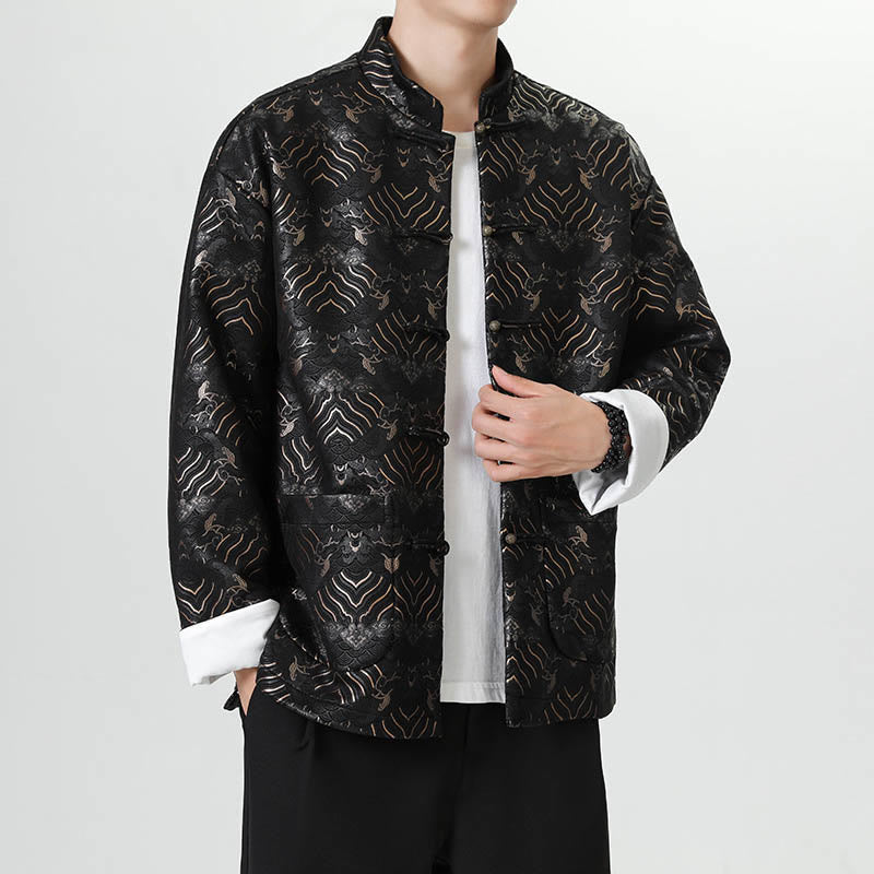 Nimara Ritual Frog-Button Chinese Tang Suit Wave Shape Long Shirt Men Jacket Clothing
