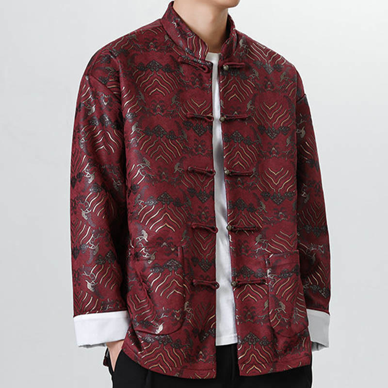 Nimara Ritual Frog-Button Chinese Tang Suit Wave Shape Long Shirt Men Jacket Clothing