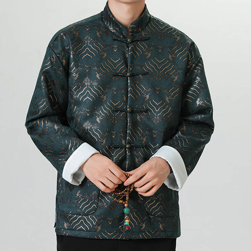 Nimara Ritual Frog-Button Chinese Tang Suit Wave Shape Long Shirt Men Jacket Clothing