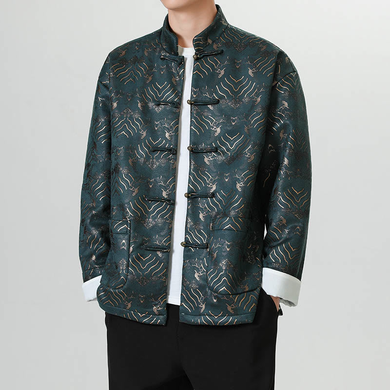 Nimara Ritual Frog-Button Chinese Tang Suit Wave Shape Long Shirt Men Jacket Clothing
