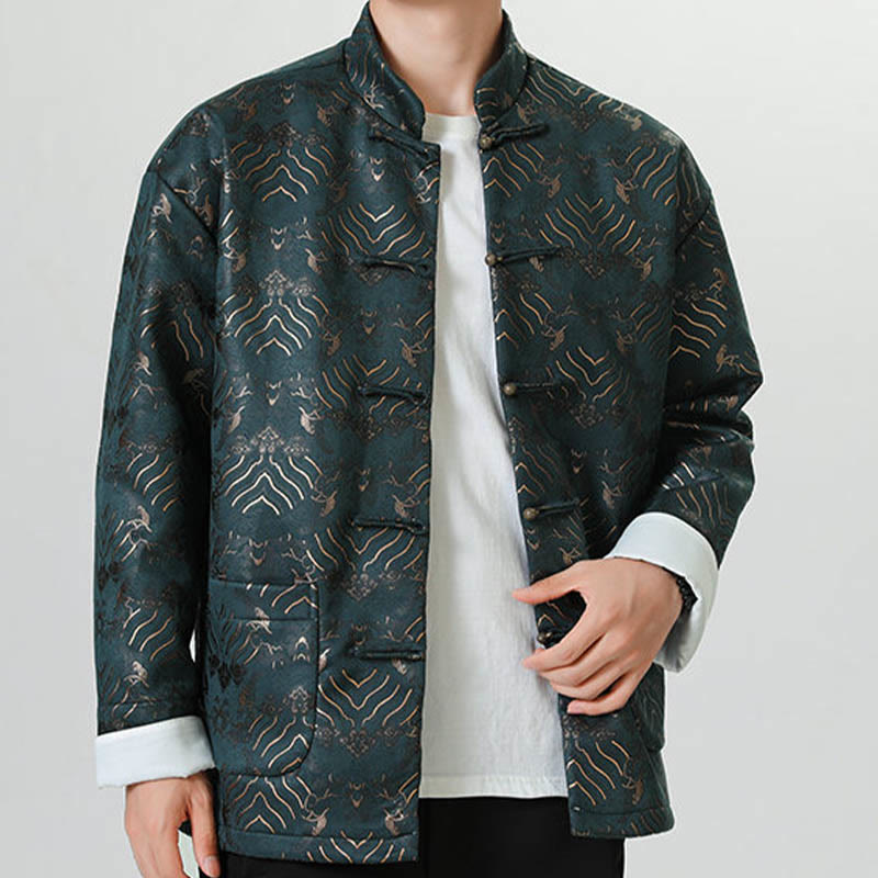 Nimara Ritual Frog-Button Chinese Tang Suit Wave Shape Long Shirt Men Jacket Clothing