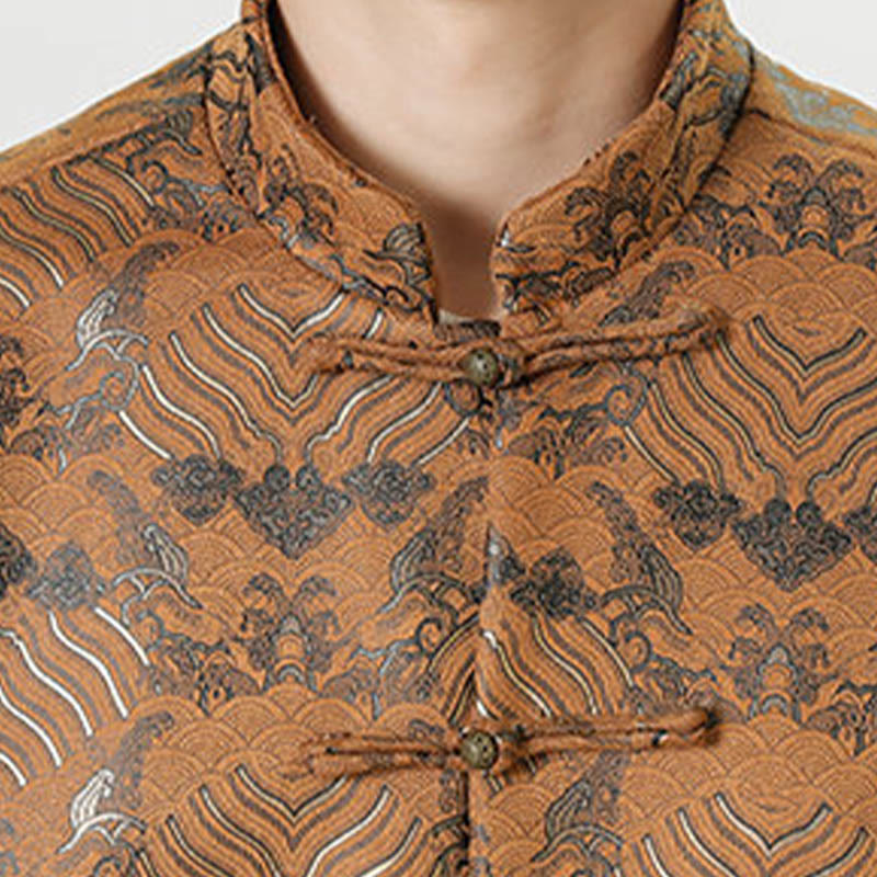 Nimara Ritual Frog-Button Chinese Tang Suit Wave Shape Long Shirt Men Jacket Clothing