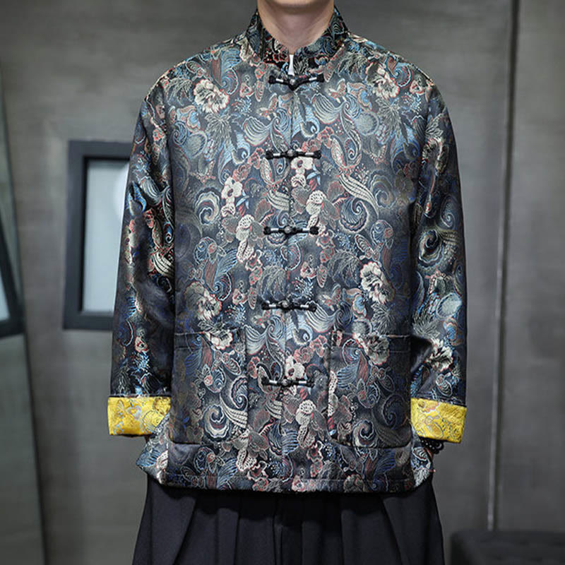 Nimara Ritual Frog-Button Chinese Tang Suit Stand Collar Long Shirt Men Jacket Clothing
