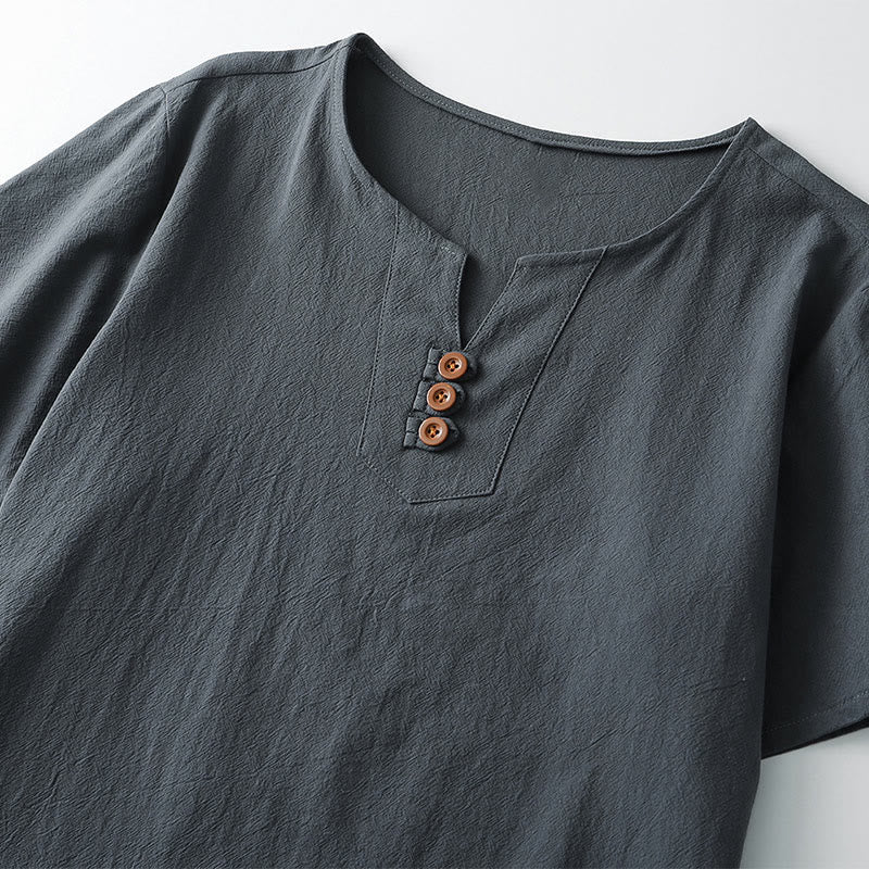 Nimara Ritual Men's T-Shirt Solid Color Top Short Sleeve Three-button V Collar Soft Cotton Shirt