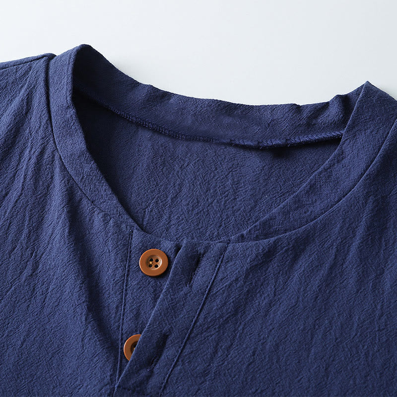 Nimara Ritual Loose Men's T-shirt Solid Color Top Short Sleeve Button Notched Neck Soft Shirt