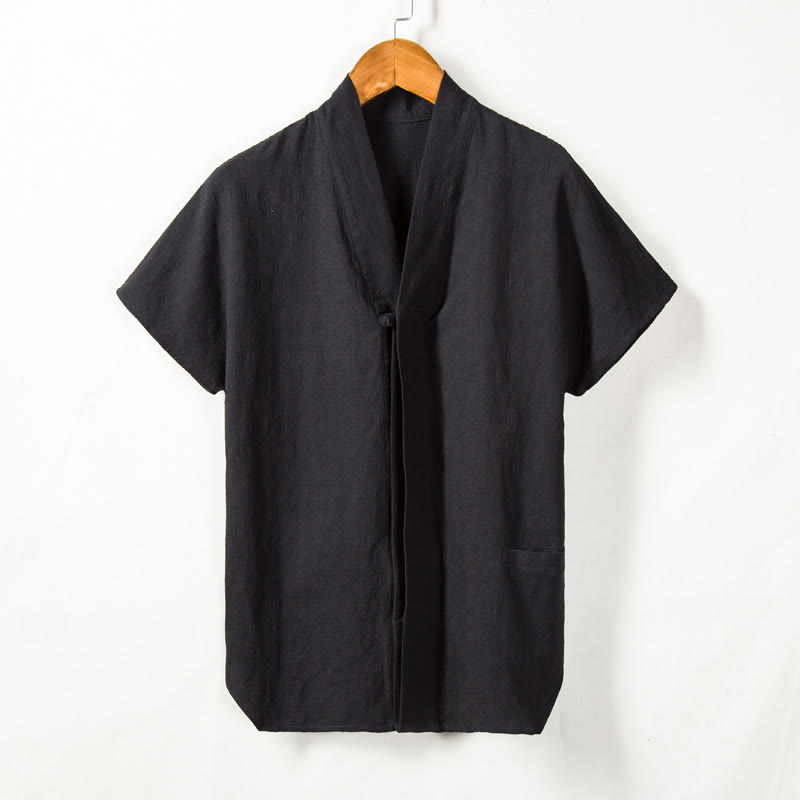 Nimara Ritual Men's Short Sleeve Shirt With Pocket V Neck Comfort Cotton Linen Shirt