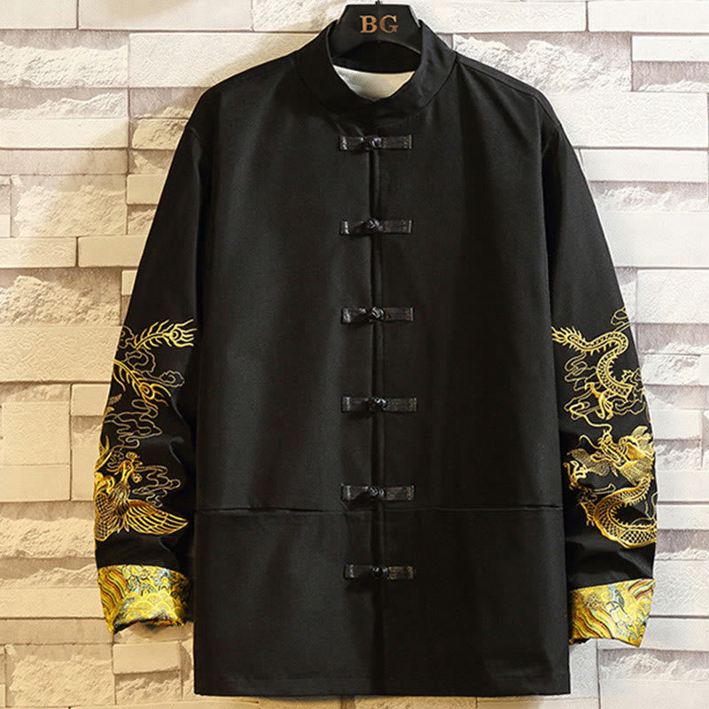 Nimara Ritual Embroider Dragon Phoenix Casual Frog-button Cotton Men's Jacket Shirt Clothing