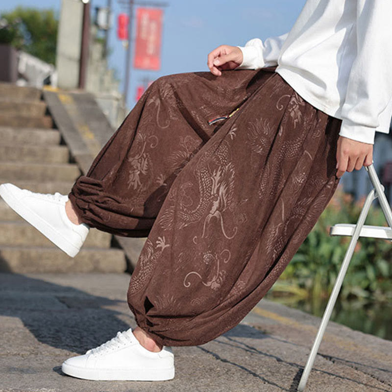 Nimara Ritual Dragon Design Casual Plain Cotton Men's Pants With Pockets
