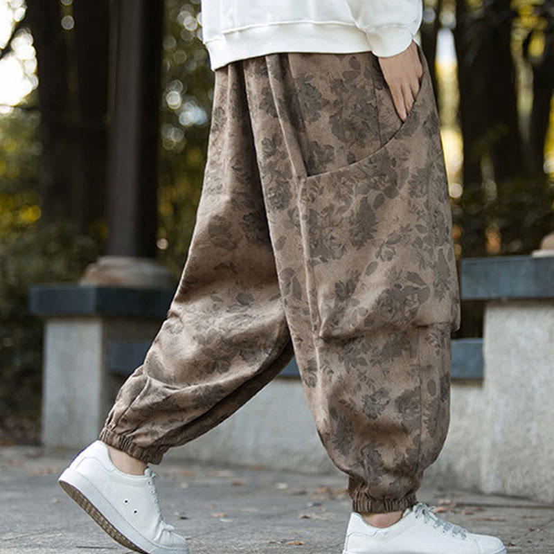 Nimara Ritual Casual Flower Corduroy Cotton Men's Pants With Big Pockets